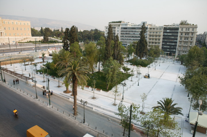 Like much of Greece, the Square is clean, new, closed to the public and still under construction