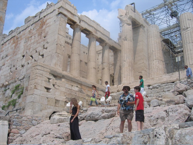 Kelsey, Fuzzy and Dan at the Propylaea