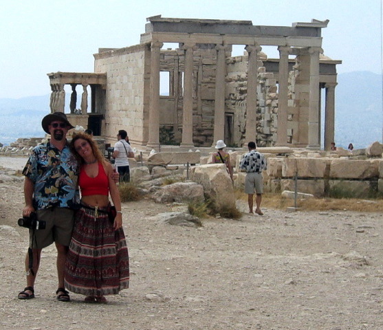 Fuzzy the ancient explorer and Debbie in front of the Erechtheion (by Dan)
