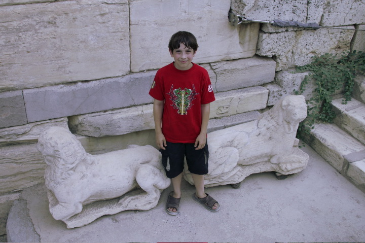 Dan and two ancient sculptures